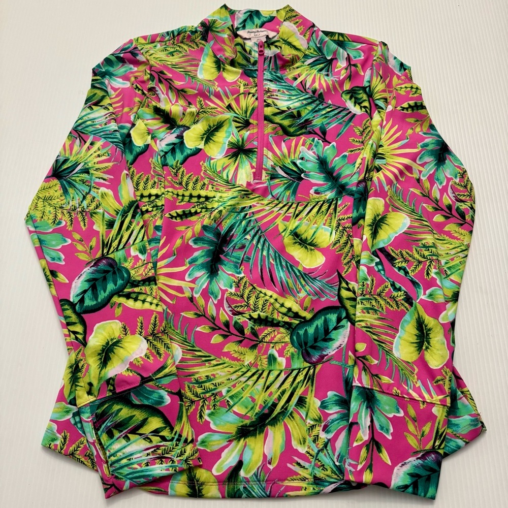 Tommy Bahama Golf Women’s Pink Green Tropical Floral Quarter Zip Top Large